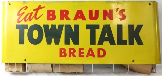 Appraisal: MID- TH CENTURY LITHOGRAPHED TIN ADVERTISING BAGHOLDER FOR BRAUN'S TOWN