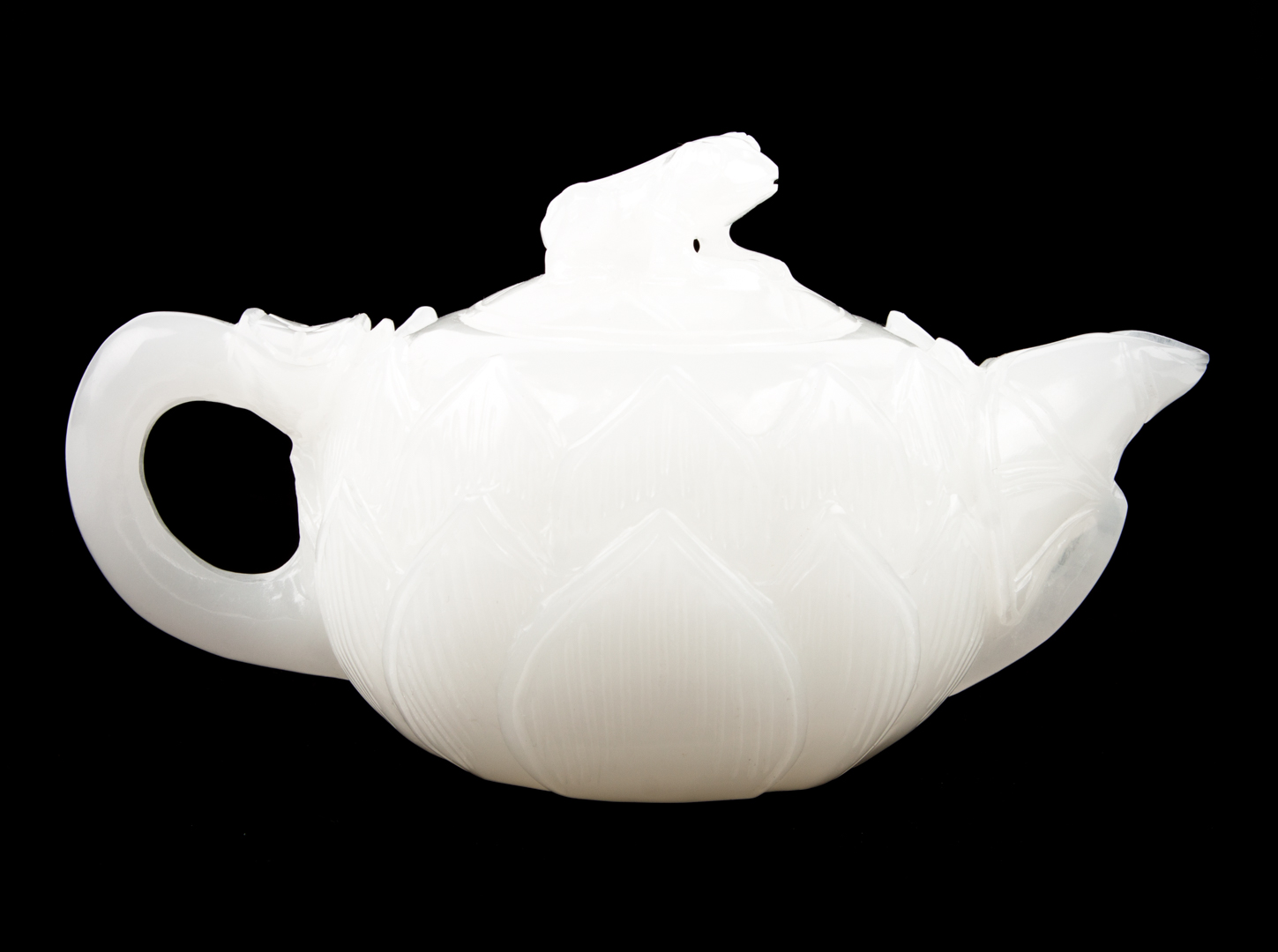 Appraisal: Chinese carved white jade teapot lotus flower form with frog