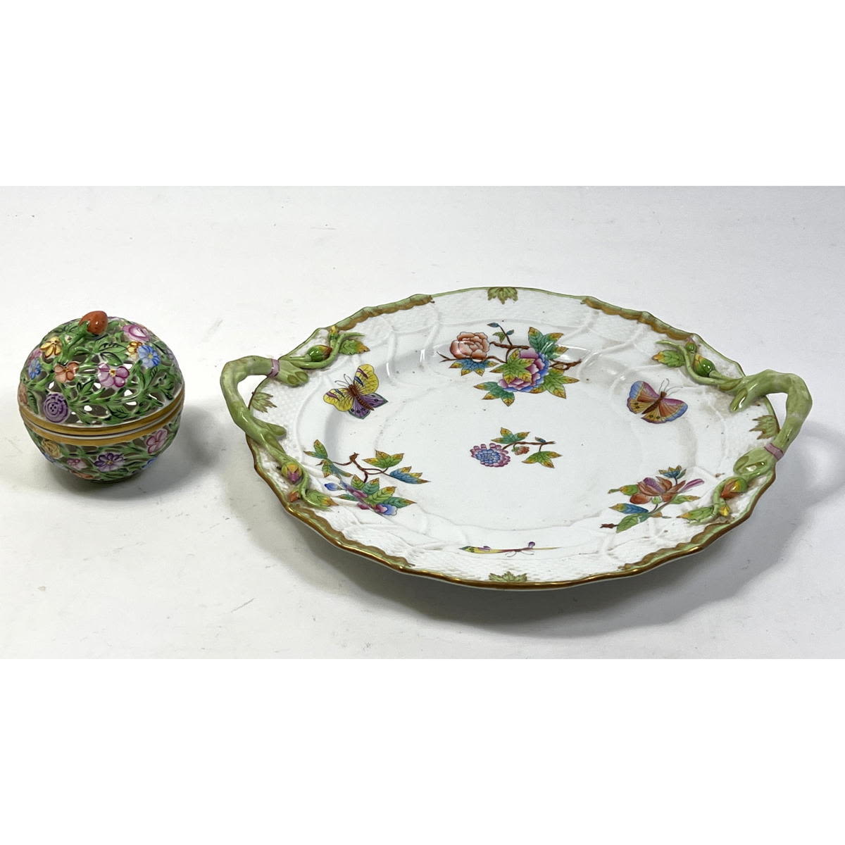 Appraisal: pcs HEREND HUNGARY Porcelain Pierced lidded box Serving Plate with