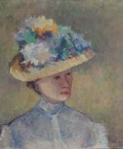 Appraisal: Signed Oil on Canvas of Woman in Floral Bonnet Signed