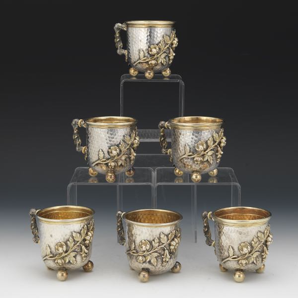 Appraisal: SIX GERMAN SILVER GOLD WASHED HAND MADE MUGS BY CORNER