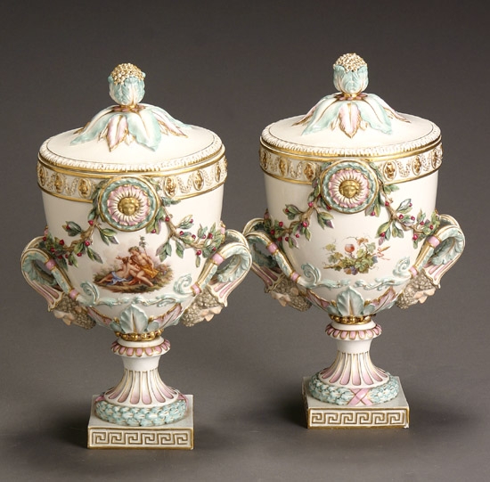 Appraisal: Pair of Meissen Pictorial Covered Urns Late th-Early th Century