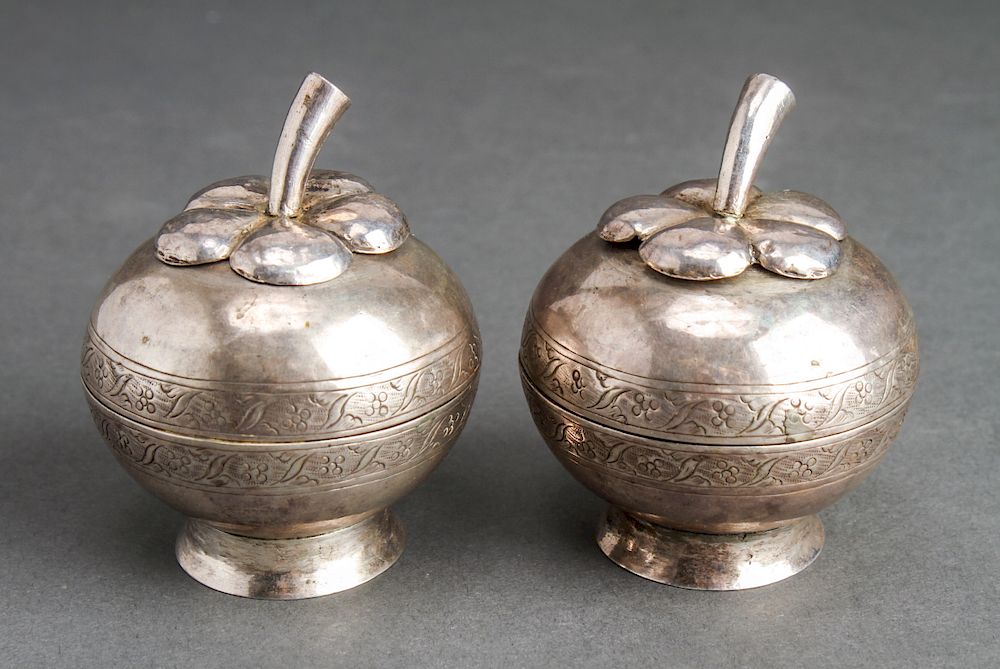 Appraisal: Silver-Plate Engraved Gourd-Form Bowls w Lids Pair Silver-plate engraved gourd-form