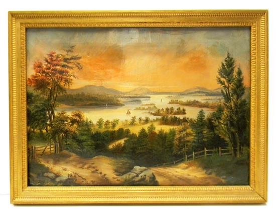 Appraisal: th C naive American School landscape oil on canvas depicting