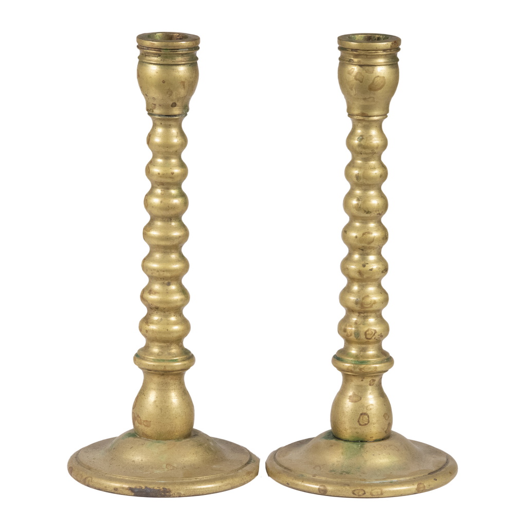 Appraisal: PR CAST BRASS CANDLESTICKS Pair of th c Heavy Brass