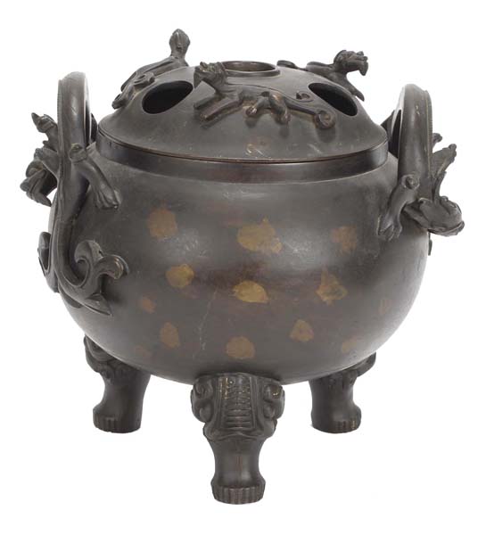 Appraisal: Japanese bronze tripod censer with applied dragon handles and lid