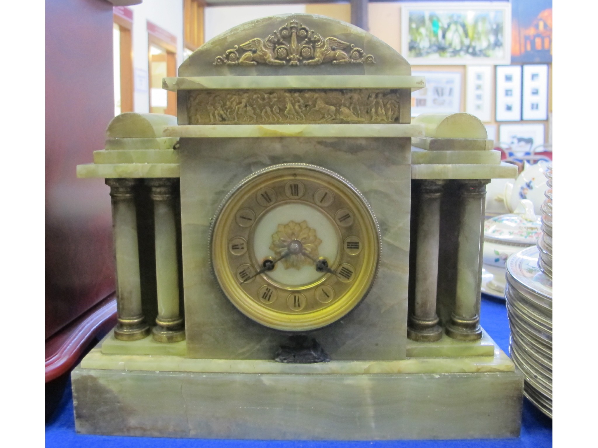 Appraisal: French green onyx mantle clock