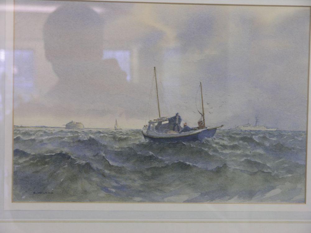 Appraisal: E Wilkes - watercolour - motor-sailer on high seas at