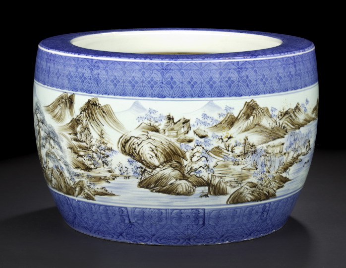 Appraisal: Chinese Hibachi Blue-and-White Porcelain Fish Bowl the central band decorated