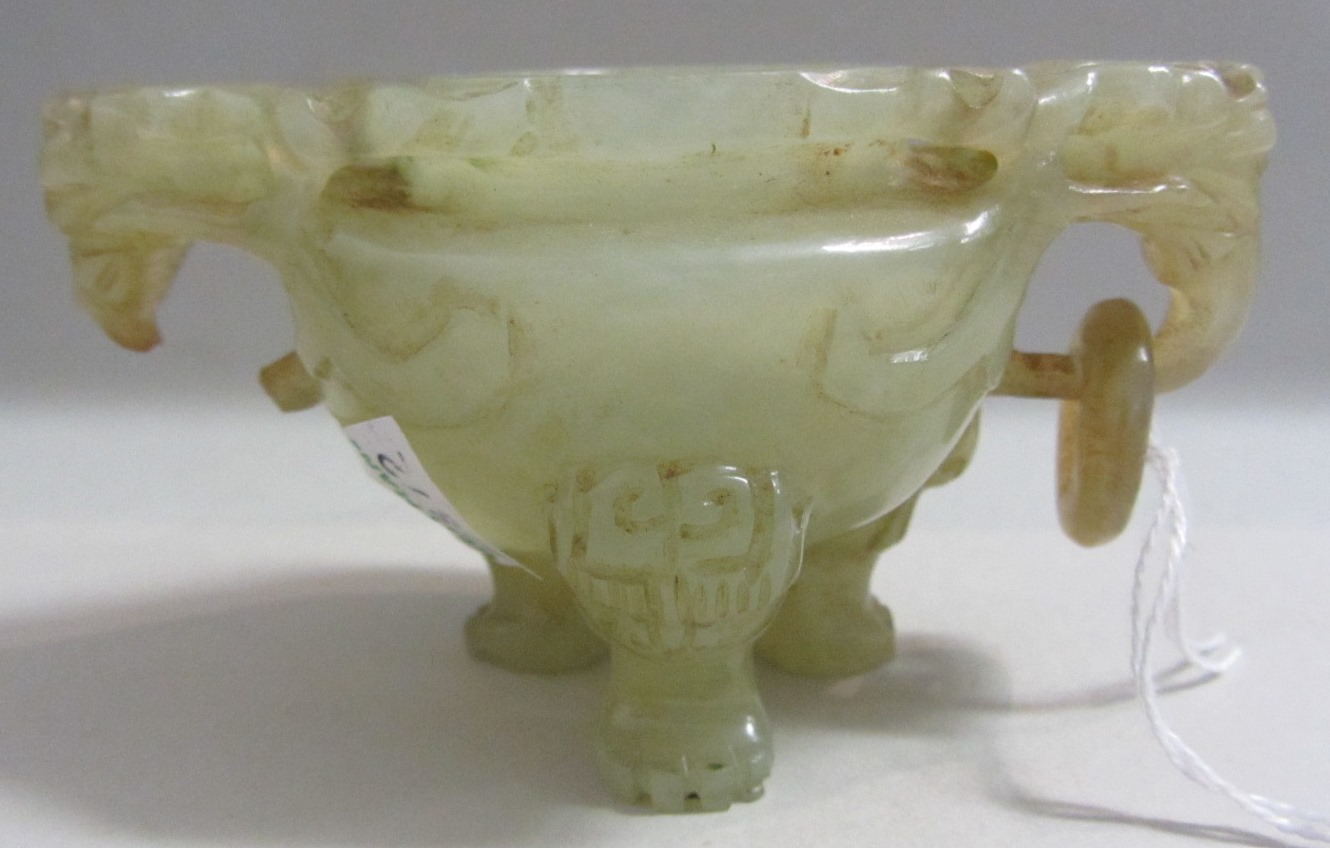 Appraisal: A small Chinese green jade censer th century carved with