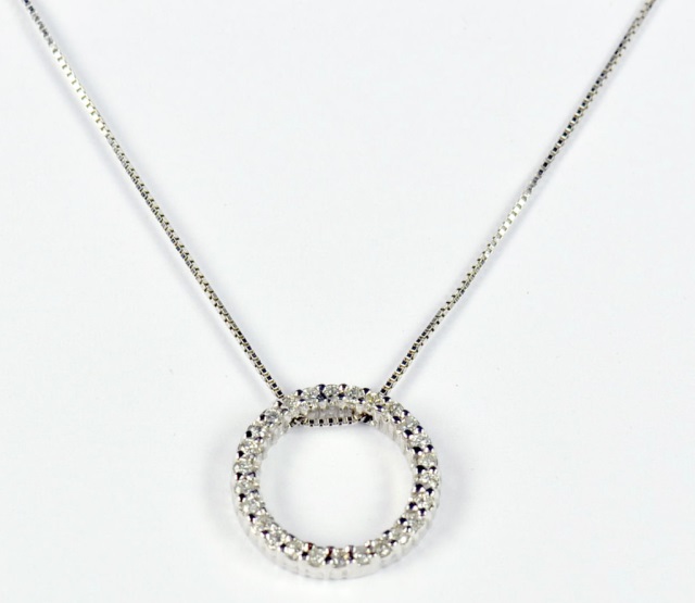 Appraisal: K White Gold Chain Circle PendantWith twenty-six small diamonds Very