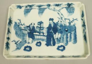 Appraisal: Blue White Chinese Porcelain Plate Decorated w Friends Bamboo Pine