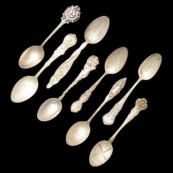 Appraisal: A group of sterling souvenir spoons Comprising teaspoons for Golden