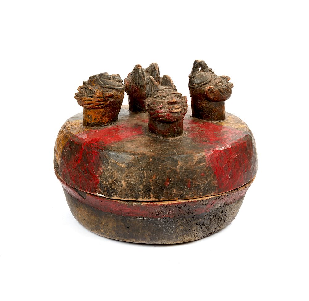 Appraisal: Yoruba Wood Bowl with Four Heads Yoruba wood bowl with