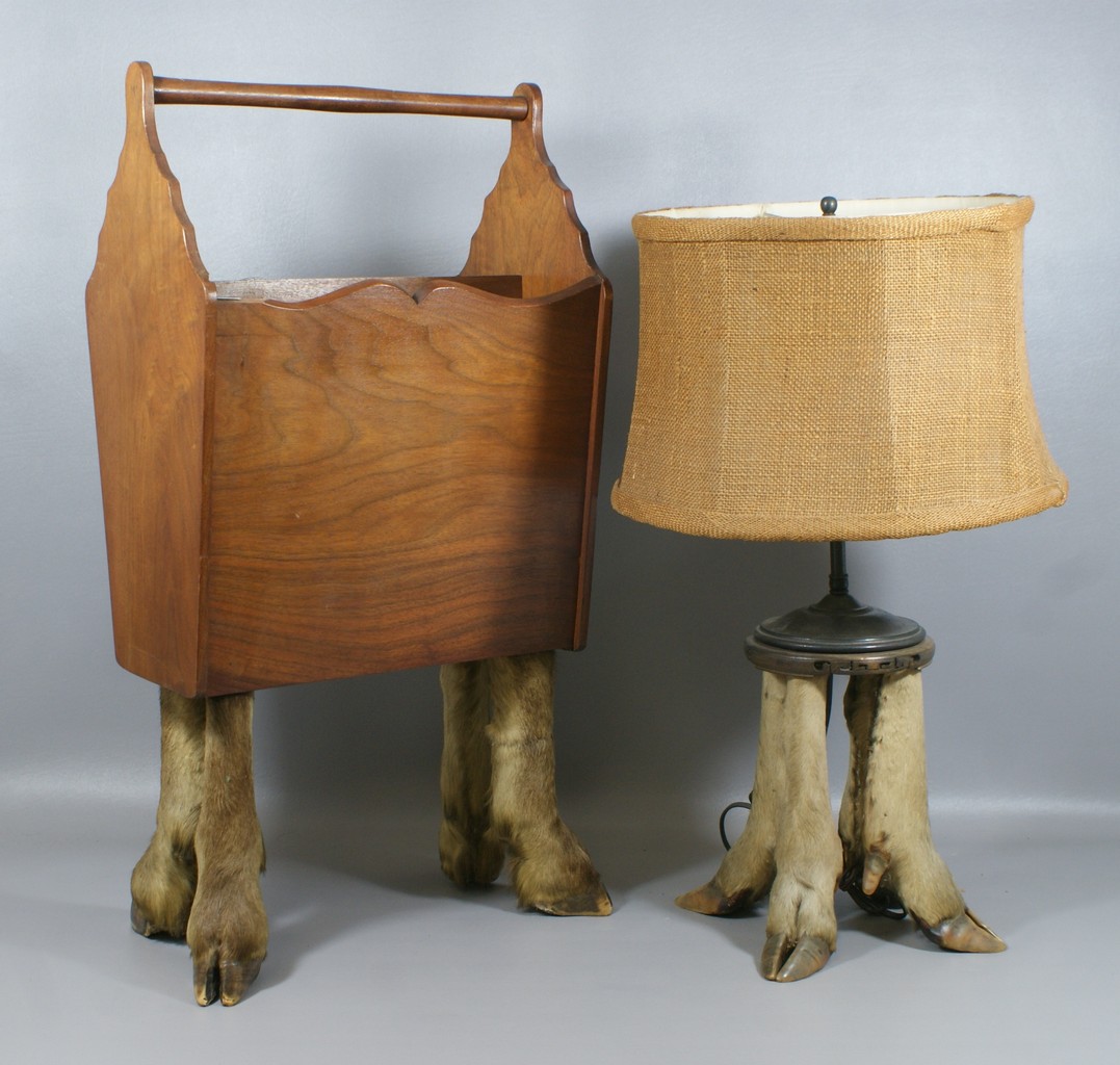 Appraisal: Table lamp and magazine rack with deer hoof foot bases