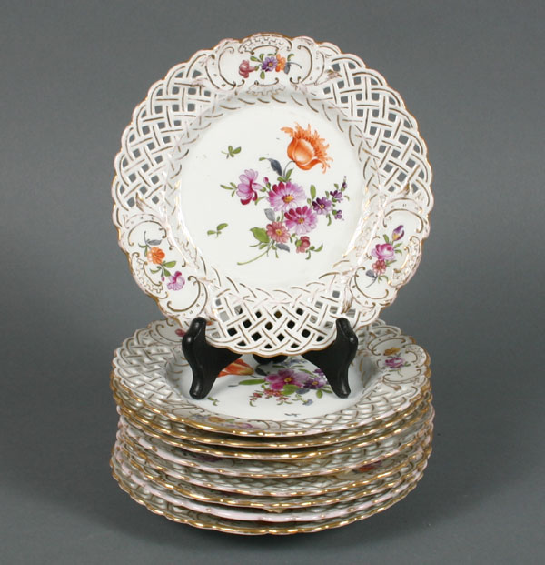 Appraisal: Dresden Flower hand painted plates with scalloped lattice rims Diam