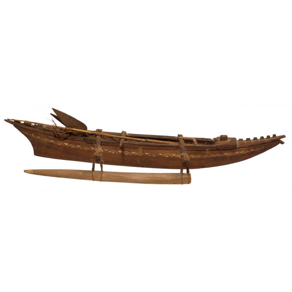 Appraisal: OCEANIC OUTRIGGER CANOE MODELMahogany having bands of inlay along sides