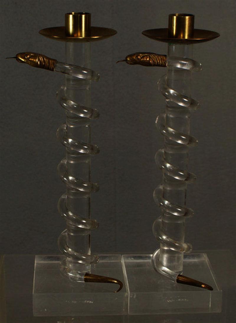 Appraisal: Pr of lucite and bronze serpent form candlesticks designed by