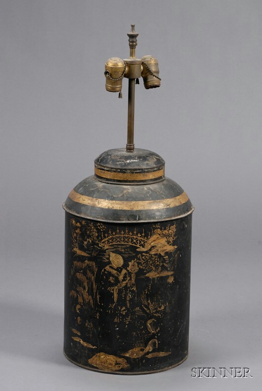 Appraisal: Chinoiserie Decorated Black and Gold Painted Tin Tea Canister Lamp