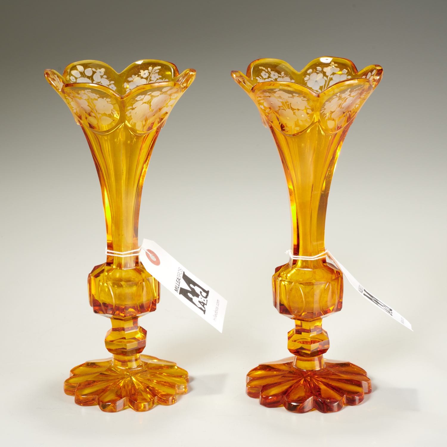 Appraisal: ELEGANT PAIR BOHEMIAN AMBER GLASS VASES th th cut to