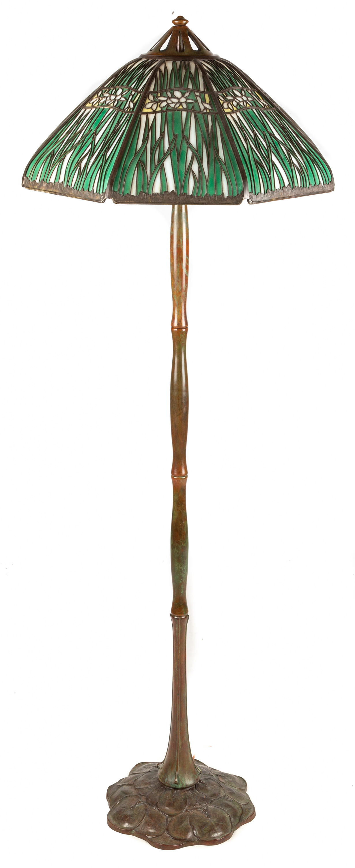 Appraisal: STYLE OF HANDEL CATTAIL OVERLAY FLOOR LAMP Overlay glass panel