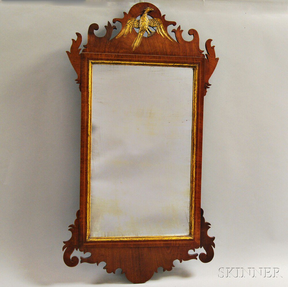 Appraisal: Chippendale Carved and Inlaid Mahogany Veneer Scroll-frame Mirror th century