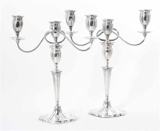 Appraisal: Pair Adam style silverplate three-light candelabra paneled sockets supported by