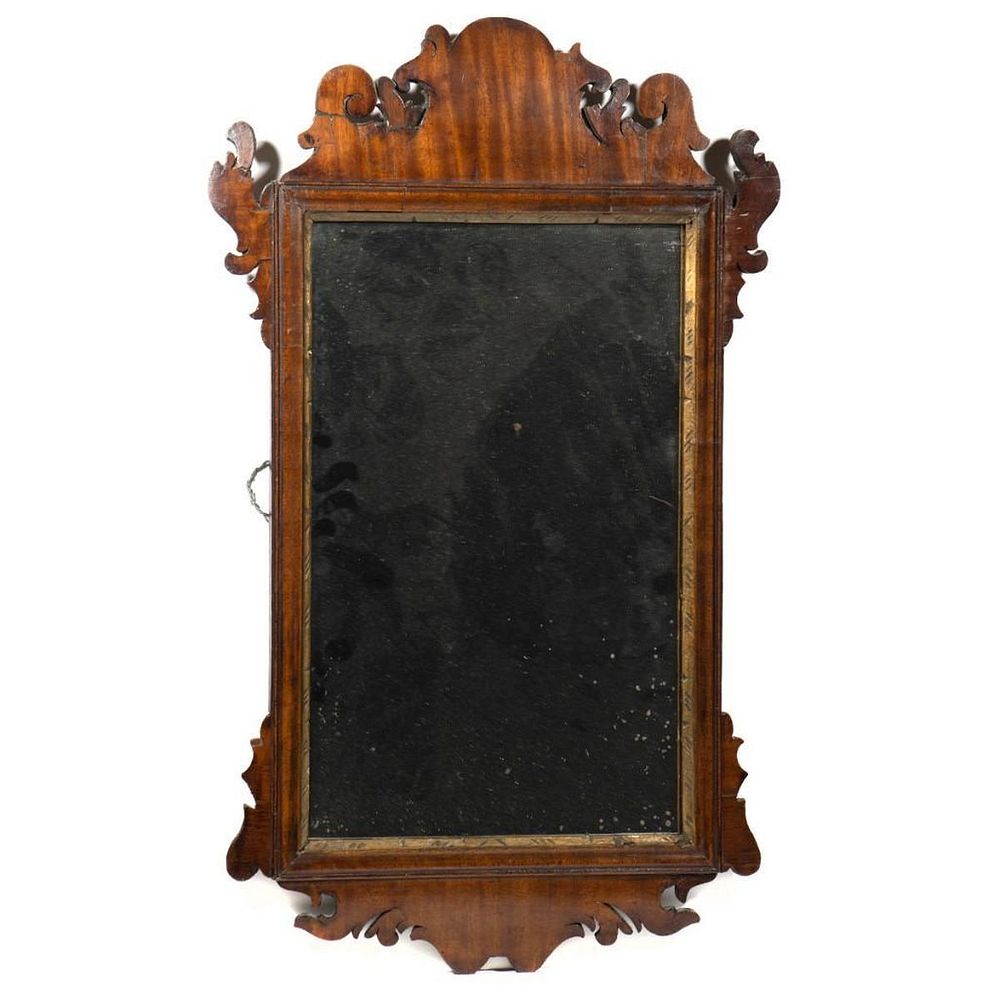 Appraisal: Chippendale Figured Mahogany Mirror th century with scrolled crest base