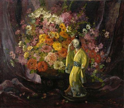 Appraisal: American School Still Life with Figure of Geisha Oil on