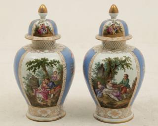 Appraisal: PAIR OF GERMAN HIRSCH PORCELAIN CAPPED JARS PAIR OF LARGE