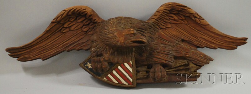 Appraisal: Painted Carved Pine American Eagle with Arrows and Shield Plaque