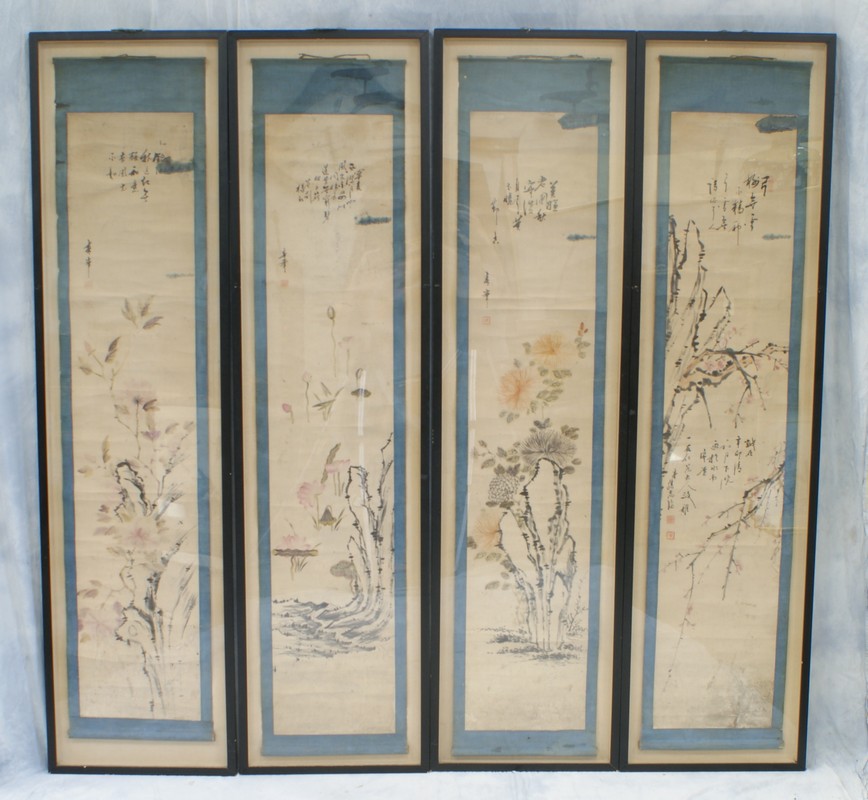 Appraisal: Chinese Watercolor Scrolls framed paper and silk some creases stains