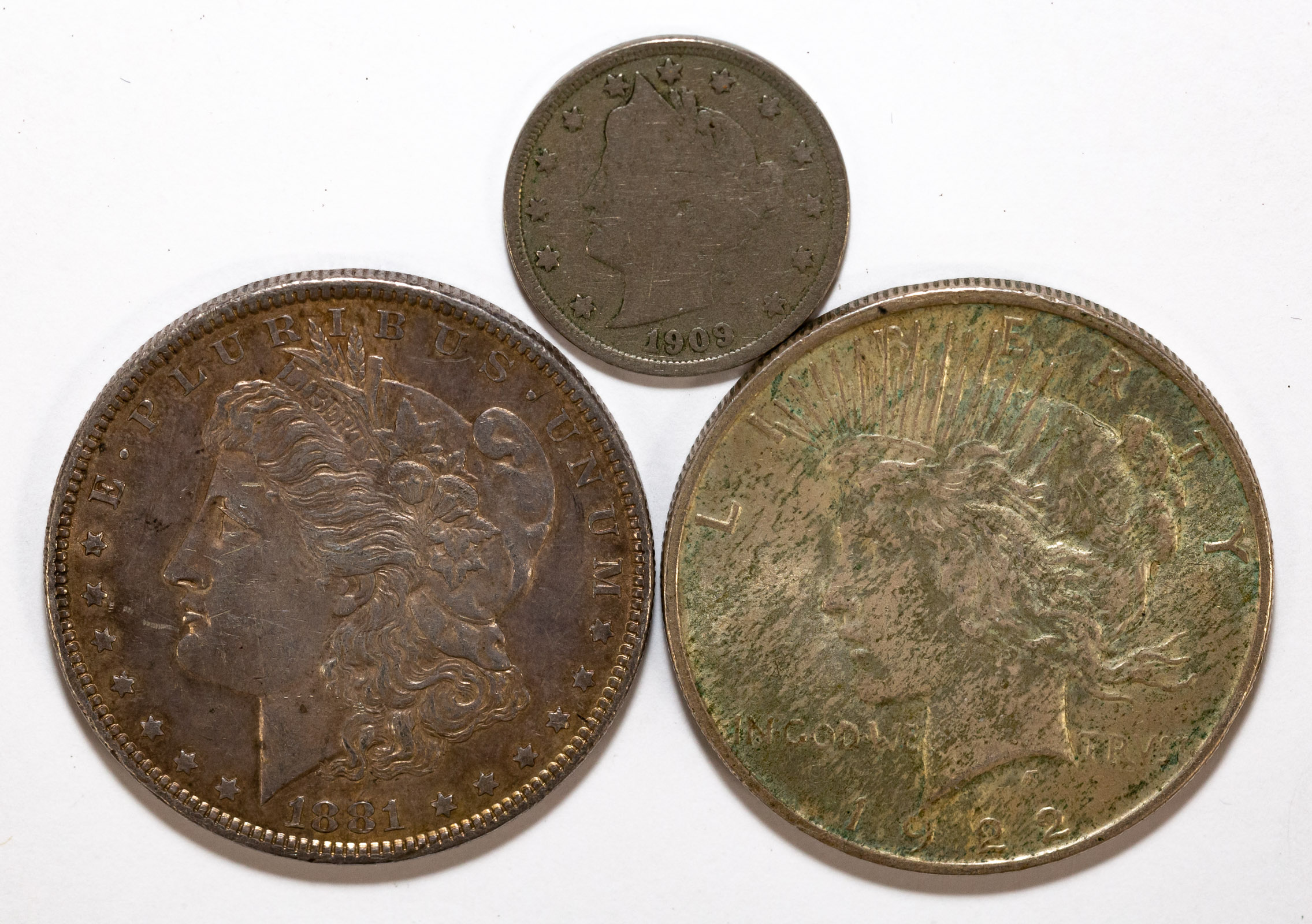 Appraisal: TWO SILVER DOLLARS V NICKEL -O XF Morgan and Peace