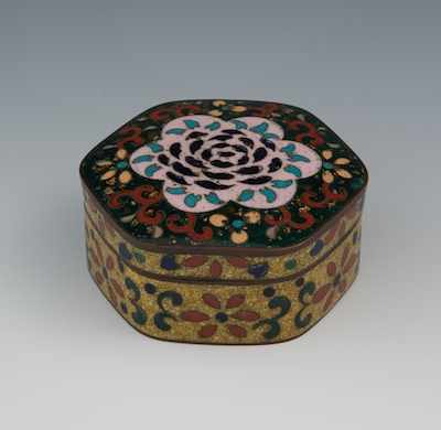 Appraisal: A Miniature Lidded Goldstone Cloisonne Box Hexagonal lidded box with