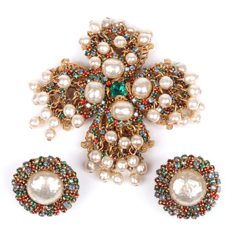 Appraisal: MIRIAM HASKELL CROSS BROOCH AND BUTTON EARRINGS WITH FAUX PEARLS