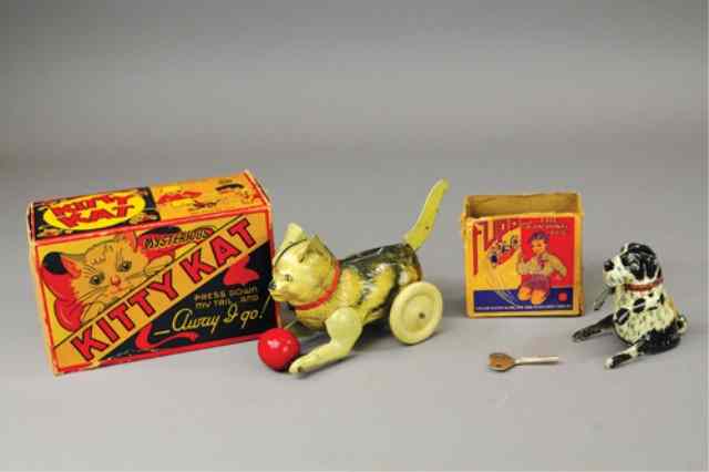 Appraisal: MARX JUMPING DOG AND ''KITTY'' KAT TOYS Both boxed lithographed