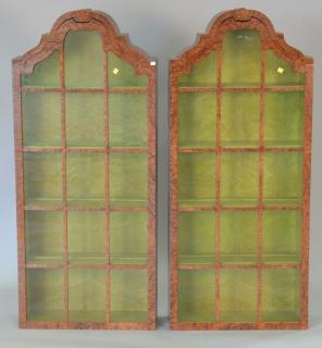 Appraisal: Pair of burlwood hanging cabinets with slightly green tinted glass