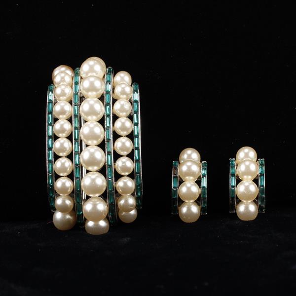 Appraisal: Trifari pc channel set faux pearl and emerald rhinestone pin