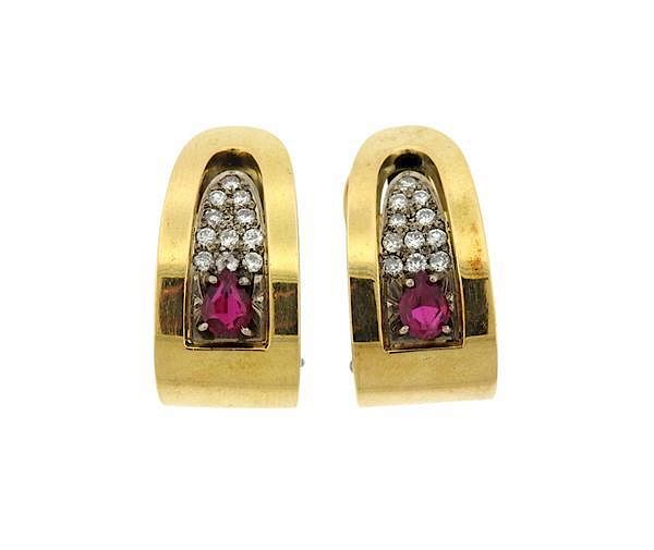 Appraisal: k Gold Ruby Diamond Half Hoop Earrings METAL k gold