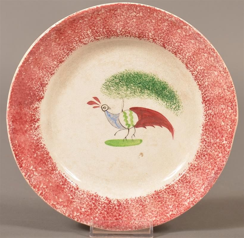 Appraisal: Red Spatter China Peafowl Toddy Plate Red Spatter Ironstone China