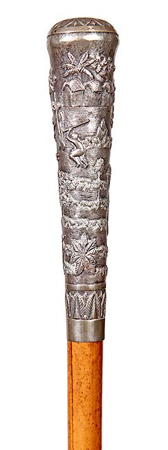 Appraisal: Affluent Chinese Cloisonn Picnic Cane- Ca - A massive silver