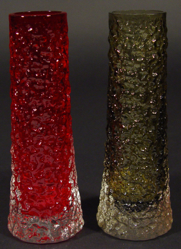 Appraisal: Two Whitefriars tapering glass vases coloured ruby and sage green