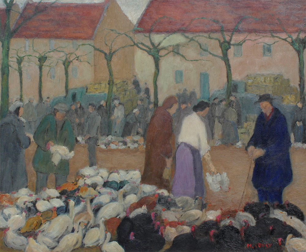 Appraisal: FRENCH FOWL MARKET SCENE PAINTING SIGNED M COUCY Oil Masonite