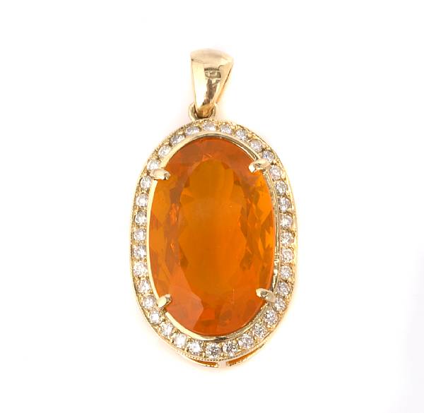 Appraisal: A Mexican fire opal and diamond pendant centering an oval-shaped