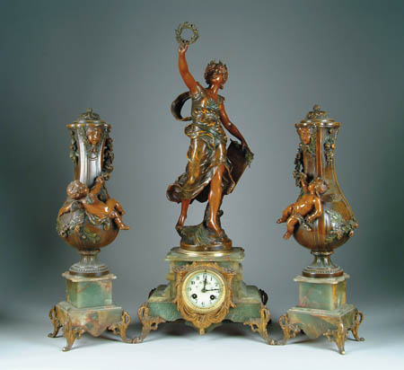 Appraisal: THREE PIECE ONYX AND BRONZED METAL CLOCK SET After L