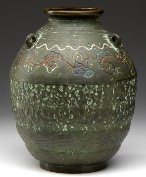 Appraisal: JAPANESE BRONZE Unusual vase with incised patterns in polychrome enamels