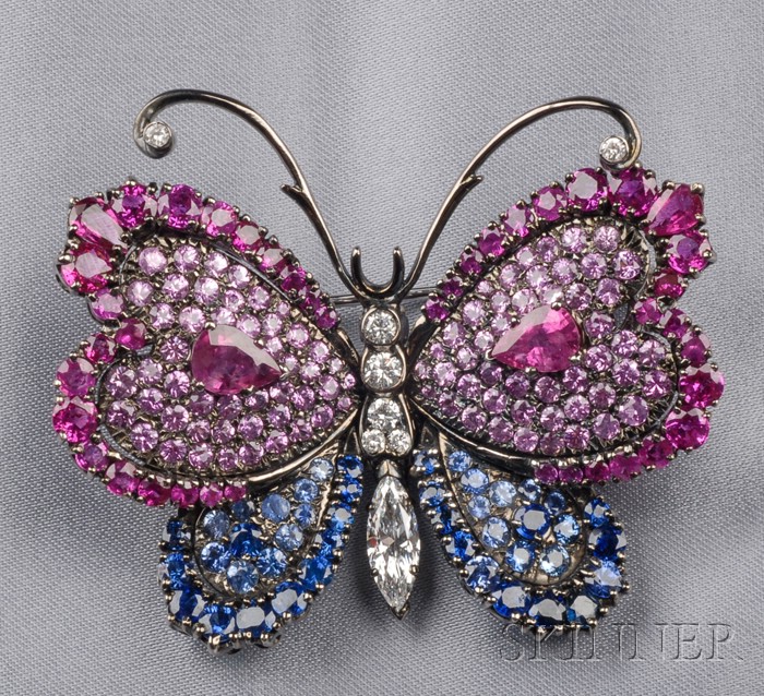 Appraisal: kt Blackened Gold Gem-set Butterfly Brooch with pink and blue