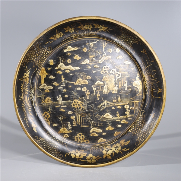 Appraisal: Chinese gilt lacquer wood charger with landscape and figures to