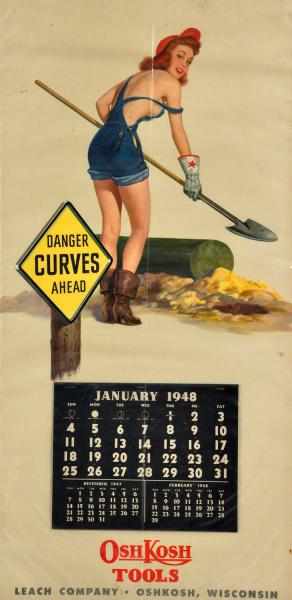 Appraisal: Oshkosh Tools Pin Up Calendar Description Artist signed Horndorf Full