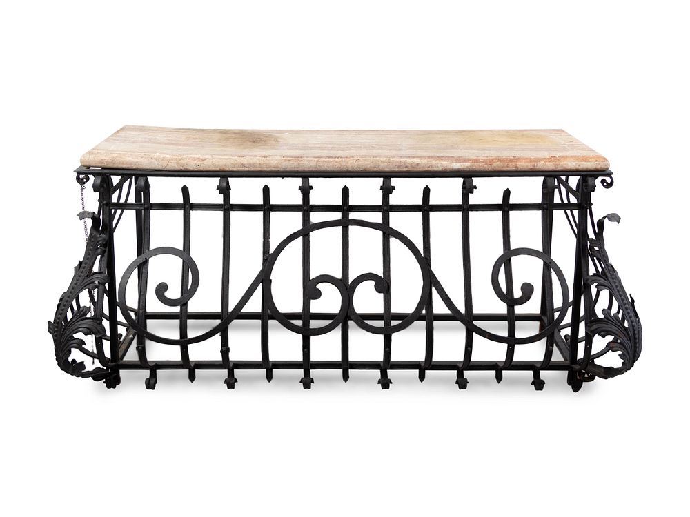 Appraisal: A French Wrought Iron and Marble-Top Bombe Console Table A